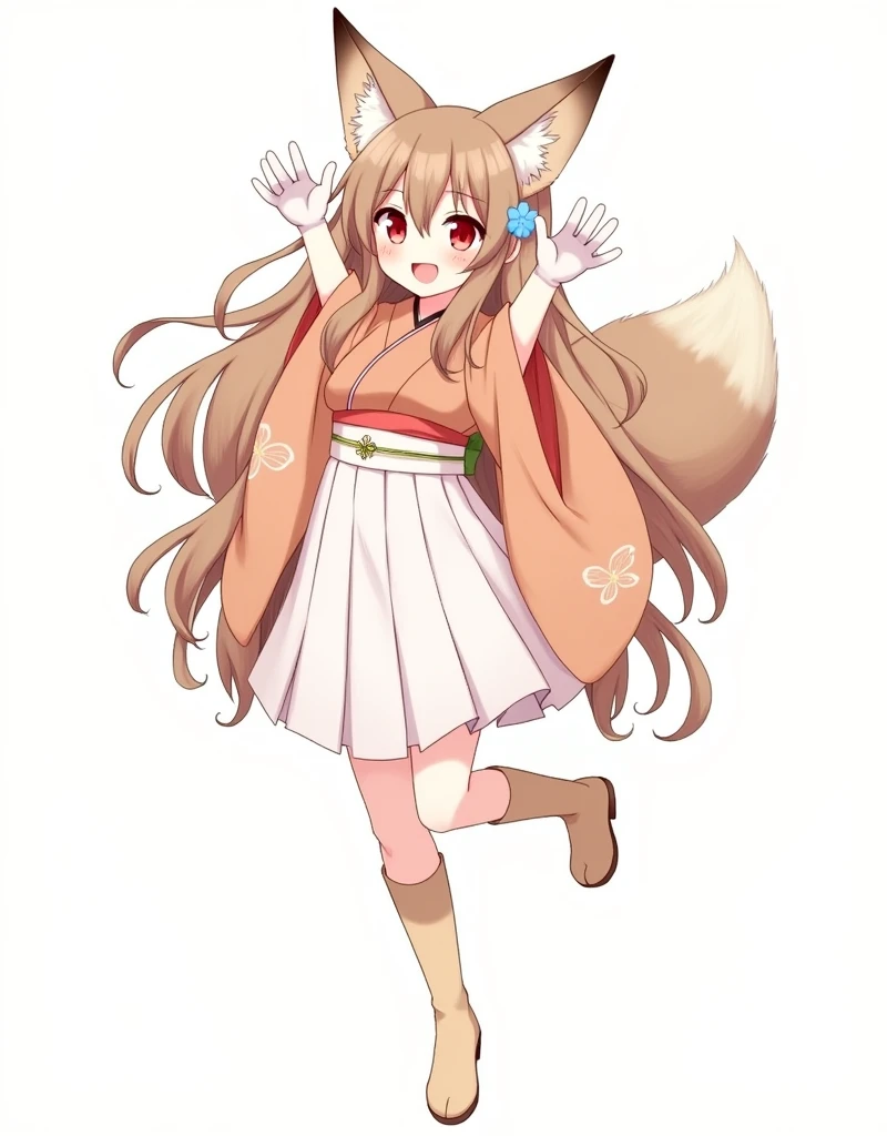 rating:safe, tail, animal_ears, fox_tail, brown_hair, 1girl, one_eye_closed, long_hair, fox_ears, solo, fox_girl, fang, white_footwear, smile, open_mouth, japanese_clothes, eyebrows_visible_through_hair, boots, full_body, bangs, animal_ear_fluff, kimono, blush, white_background, ;d, standing, very_long_hair, brown_background, long_sleeves, striped, hair_between_eyes, white_skirt, gloves, skirt, white_gloves, white_kimono, looking_at_viewer, standing_on_one_leg, striped_background, brown_eyes, arms_up, kneehighs, wide_sleeves, black_legwear, vertical_stripes, red_eyes, large_tail, pleated_skirt, short_kimono, light_brown_hair, >_o, knee_boots