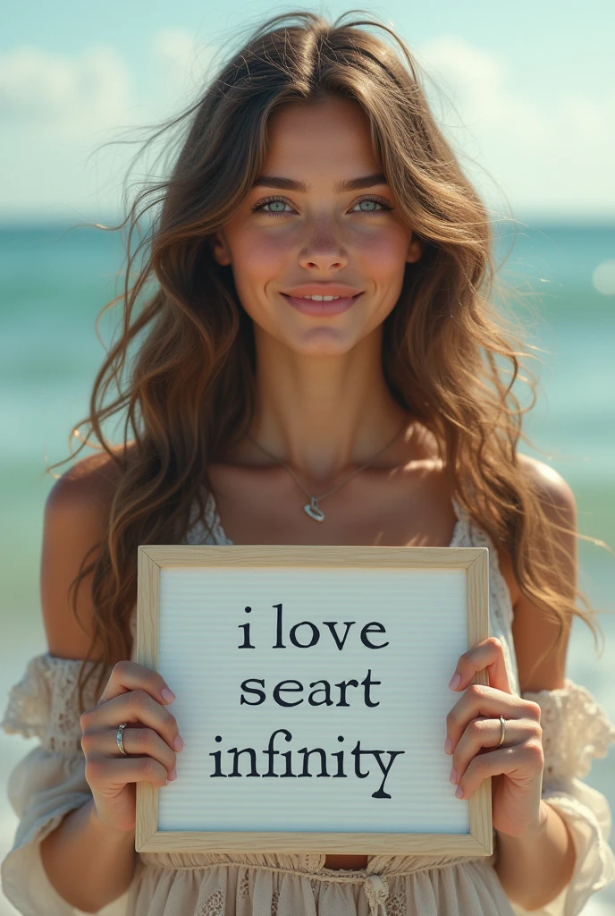 Beautiful girl with wavy long hair, bohemian dress, holding a white board with text "I Love Seaart Infinity" and showing it to the viewer