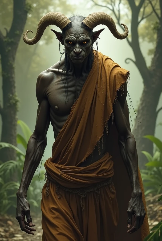 Create a god of hunger, Brazilian indigenous culture, he must be thin, skin black, brown clothes without precious ornaments and ((No big ears)).