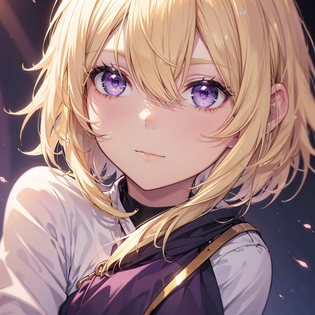 Blonde short, Purple eyes, Brown skin, solo,