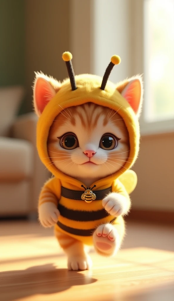 3D cute kitten character、Wearing a happy bee costume、running、Inside the house､masterpiece, Background Blur, Shut your mouth., A belt decorated with a bee、Highest quality, 