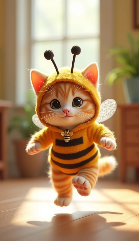 3D cute kitten character、Wearing a happy bee costume、running、Inside the house､masterpiece, Background Blur, Shut your mouth., A belt decorated with a bee、Highest quality, 