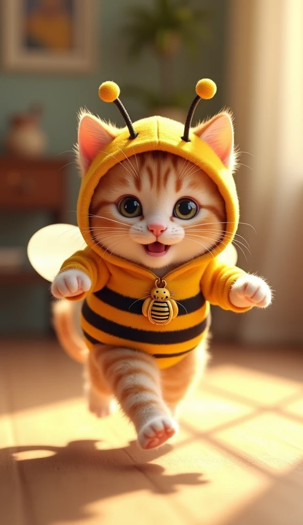 3D cute kitten character、Wearing a happy bee costume、running、Inside the house、masterpiece, Background Blur, Shut your mouth., A belt decorated with a bee、Highest quality,