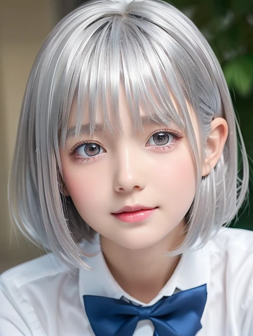 A portrait of a young girl in school uniform, with a bright expression, glowing white skin, glossy face, shimmering cheek gloss,small face, best looks, bright silver hair with shimmering highlights, very beautiful glossy hair, (ultra short silver hair:1.75), beautiful shiny bangs drawing the eyes, shimmering clear alluring bright large pale blue eyes, very large eyes, downturned eyes, left and right eyes are equal,eyeliner, thin eyebrows, a very beautiful, lovely, and cute girl, perfect bust,masterpiece,photorealistic, 8k,16k,high quality, masterpiece, realistic portrait