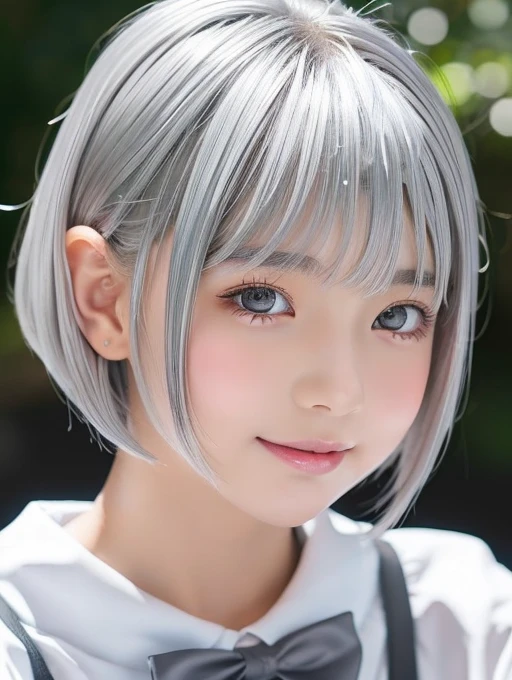A portrait of a young girl in school uniform, with a bright expression, glowing white skin, glossy face, shimmering cheek gloss,small face, best looks, bright silver hair with shimmering highlights, very beautiful glossy hair, (ultra short silver hair:1.75), beautiful shiny bangs drawing the eyes, shimmering clear alluring bright large pale blue eyes, very large eyes, downturned eyes, left and right eyes are equal,eyeliner, thin eyebrows, a very beautiful, lovely, and cute girl, perfect bust,masterpiece,photorealistic, 8k,16k,high quality, masterpiece, realistic portrait