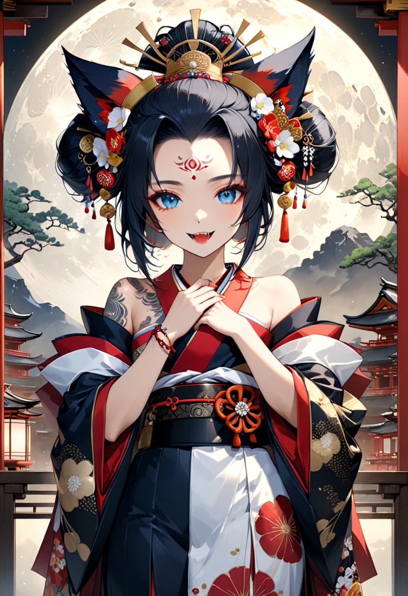 Ink painting, (((1 girl))), (((Tattoo in the middle of the forehead))),(((In the background is the Akatsuki moon))), (((Oiran))), (((Great hair accessories))), Demon possession, ((Masterpiece:1.2)), ((Highest quality)), Extremely detailed and delicate illustration style, Detailed leather texture, Detailed canvas texture, Very detailed description, (Masterpiece T), Extremely beautiful illustration, Highly detailed face, Raw image, professional, Ultra-high resolution panel, Complex details, Superior detail, Intricate decoration details, Perfect ???????, real, (Very beautiful and cute black and white colored fox woman or girl with blue eyes wearing kimono), ((آذان الثعلب black hair, White hair, multicolor, the beautiful)), (Beautiful black and white colored fox tail), (black hair, White evil, Beautiful and shiny), (((She has claws on her hands.))), (((She has long fangs.))), (Beautiful and clear blue eyes), (Beautiful detailed eyes:1.6), (Traditional black and white detailed costume), Front view, White flower kimono, Black white colorful hakama long skirt, A maxi skirt, Modestly dressed, He smiles, ((Standing and looking at me)), ((The day)), (Extremely detailed and beautiful Japanese temple construction), (8K Highest quality wallpaper), (Extremely detailed and delicate background)