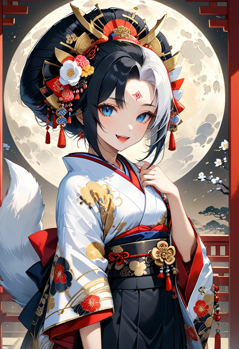 Ink painting, (((1 girl))), (((Tattoo in the middle of the forehead))),(((In the background is the Akatsuki moon))), (((Oiran))), (((Great hair accessories))), Demon possession, ((Masterpiece:1.2)), ((Highest quality)), Extremely detailed and delicate illustration style, Detailed leather texture, Detailed canvas texture, Very detailed description, (Masterpiece T), Extremely beautiful illustration, Highly detailed face, Raw image, professional, Ultra-high resolution panel, Complex details, Superior detail, Intricate decoration details, Perfect anatomy, real, (Very beautiful and cute black and white colored fox woman or girl with blue eyes wearing kimono), ((آذان الثعلب black hair, White hair, multicolor, the beautiful)), (Beautiful black and white colored fox tail), (black hair, White evil, Beautiful and shiny), (((She has claws on her hands.))), (((She has long fangs.))), (Beautiful and clear blue eyes), (Beautiful detailed eyes:1.6), (Traditional black and white detailed costume), Front view, White flower kimono, Black white colorful hakama long skirt, A maxi skirt, Modestly dressed, He smiles, ((Standing and looking at me)), ((The day)), (Extremely detailed and beautiful Japanese temple construction), (8K Highest quality wallpaper), (Extremely detailed and delicate background)