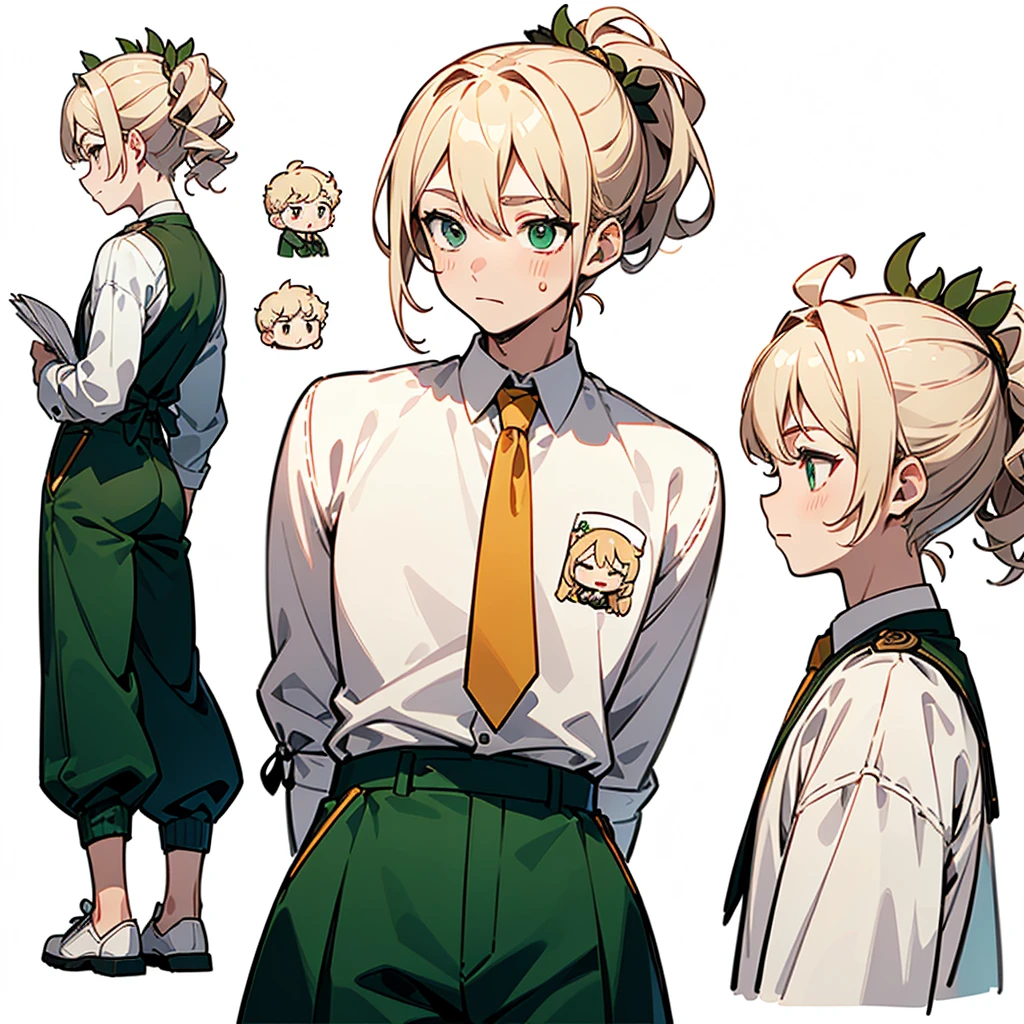 (30-year-old man)、Rose ornament、(((Various expressions))) (whiteＴshirt、Green pants), (Muscular)、((Blonde、Comma Hair、Tie the paper behind)) (((Detailed character sheet, From the back、From above、From below、Rear view, Side view, 3/4 Views))) (((White Background)))、Chibi Character