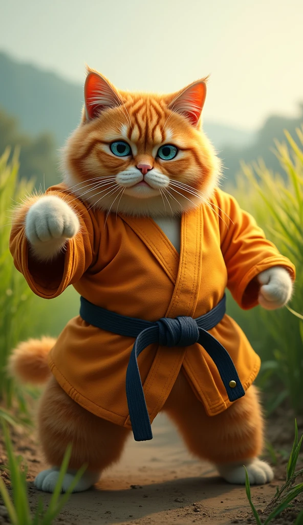 Make a picture of a fat obese orange cat, blue eyes, wear karate clothes, is doing a punching motion facing the camera, with a rice paddy background, full body, wide, super realistic 8k images