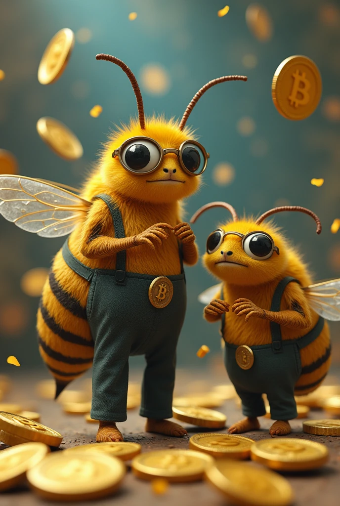 Bees in pants and glasses eating Bitcoins