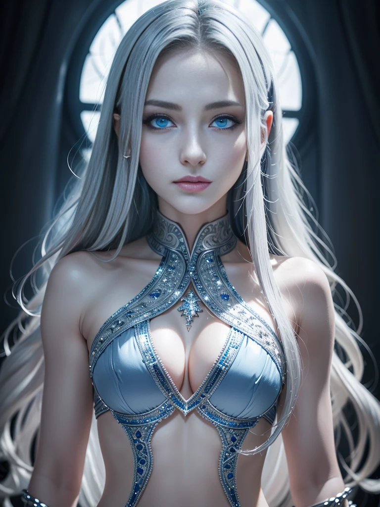 8k, (full body shot:1.4), 20-year-old Swedish girl, raw, Beautiful woman, (straight gray hair), Crystal-encrusted girl, sexy poses, The white skin is inlaid with transparent crystal, ((lens)), The structure is made of crystals, Hourglass body, intricate, beautifull face, elegant, highly detailed, digital hyperrealistic photography, hyperrealistic photography filigree, shyness, most beautyfull face, (masterpiece, sidelighting, (finely detailed beautifull blue eyes: 1.2)),