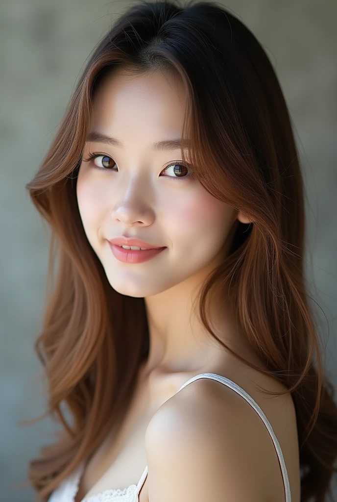 (the Extremely Detailed CG Unity 8K Wallpapers,masutepiece, Best Quality, Ultra-detailed), Gray background, 50-year-old female living in Japan, 50-year-old female born in Osaka,、Delicate contours、((eyes are thin and distant))、Eye color dark brown or warm hazel brown, Eyebrows are shaped while keeping their natural shape、wide forehead, The nose is small and delicate,、(The mouth is shaped like a very large and soft smile)、Well-groomed white teeth enhance your smile, Hair length to the shoulder blades、(The hair was firmly put back in a bun), There are beautiful curls and waves, hair-color:Brown or blonde, showing teeth
