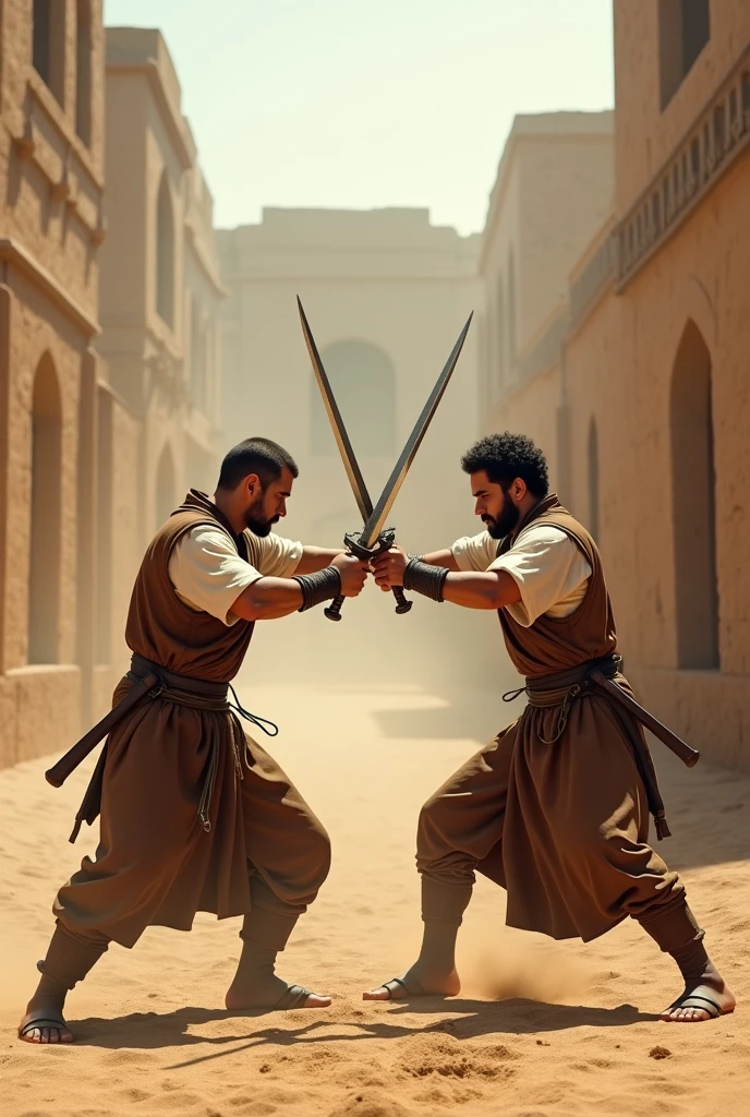 generate me a hyper realistic 4K ultra HD image, with people of gender men fighting with swords, That the terrain is sandy soil and that on the sides there are buildings of ancient villages. that those two people who are fighting have clothing: They should wear a brown tunic that reaches to their knees with a white short-sleeved shirt that reaches to their knees and leather sandals as footwear. 
