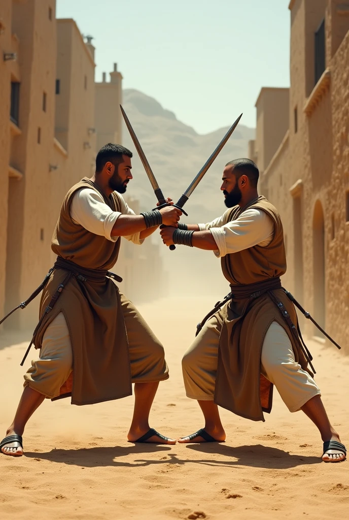 generate me a hyper realistic 4K ultra HD image, with people of gender men fighting with swords, That the terrain is sandy soil and that on the sides there are buildings of ancient villages. that those two people who are fighting have clothing: They should wear a brown tunic that reaches to their knees with a white short-sleeved shirt that reaches to their knees and leather sandals as footwear.