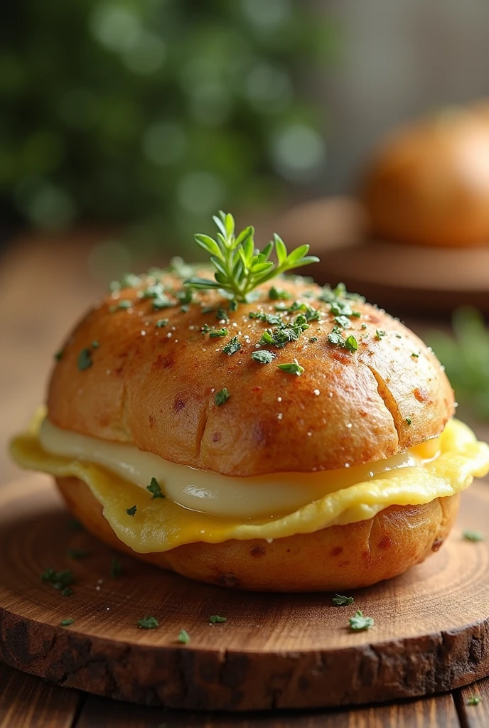 Generate an image of a baked potato in the shape of a sandwich completely covered in potato and with oregano on top of the table..a