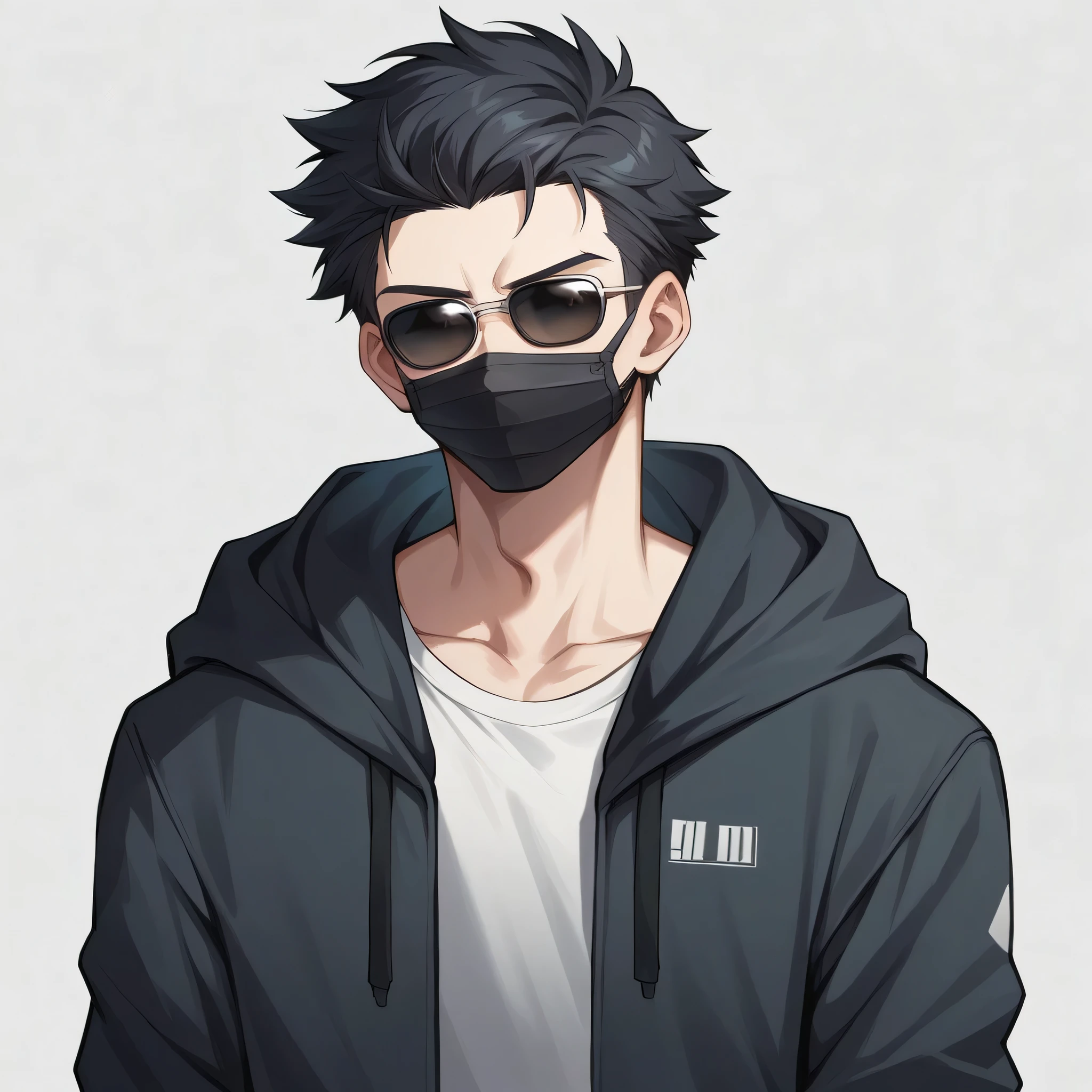 Create an anime-friendly looking male business character who appears handsome and smart.A monochromatic digital artwork featuring a boy age 24 with good face and with a serious expression, wearing a black hoodie and a black face mask . Head is cover with hoodies hood.The character has sleek black hair and futuristic sunglasses . The hoodie has a unique design of a MKP . The background is a smooth, dark, adding to the overall mysterious and cool vibe of the image