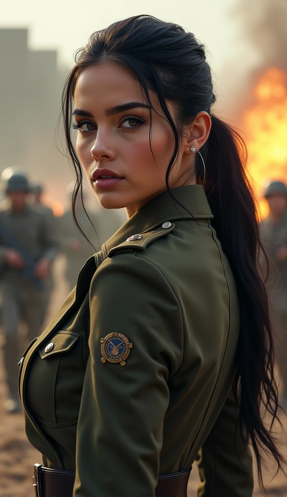 1 female, Selena Gomez, a sexy female soldier, wearing a sexy soldier's uniform, battlefield background, sexy pose, very detailed, very accurate, 4k quality, beautiful lighting, bokeh, beautiful face, awesome lips, black dark hair, ponytail hair, very detailed eyes,