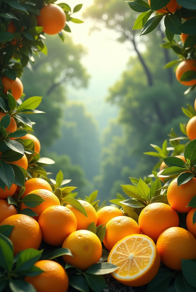 generate an orange and yellow background containing lemons and oranges with a view of a forest landscape