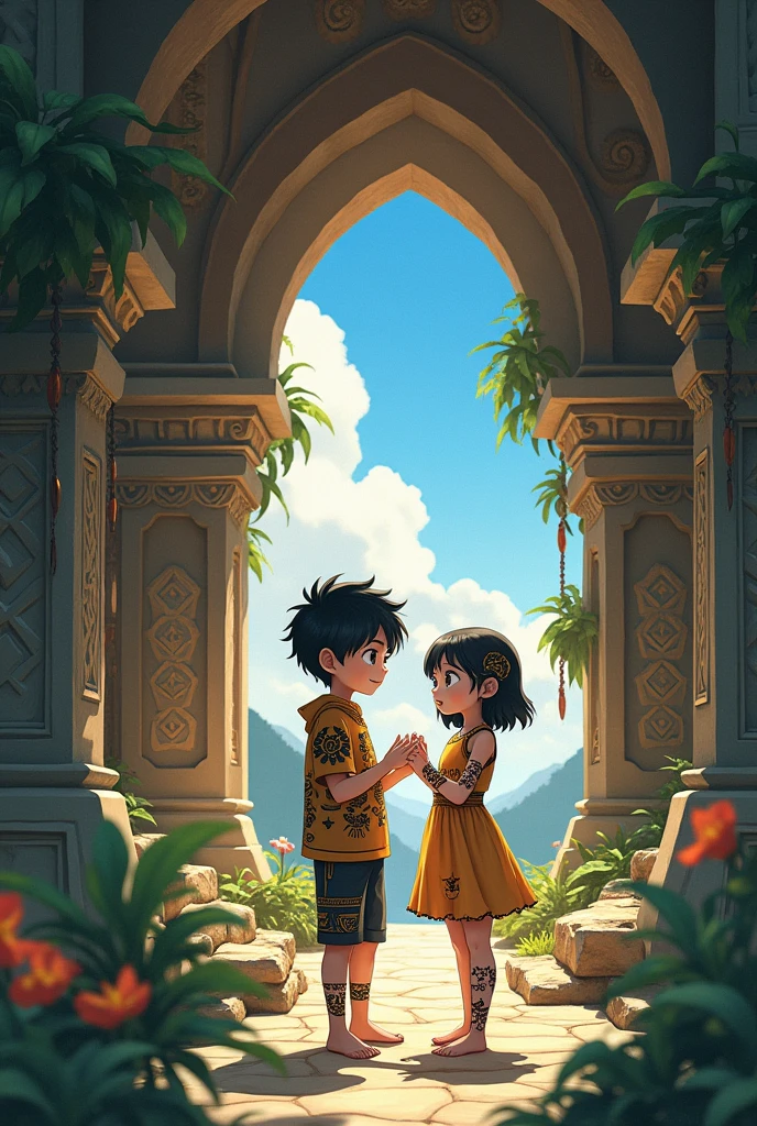 Pigeon anime boy and girl with tribal design building