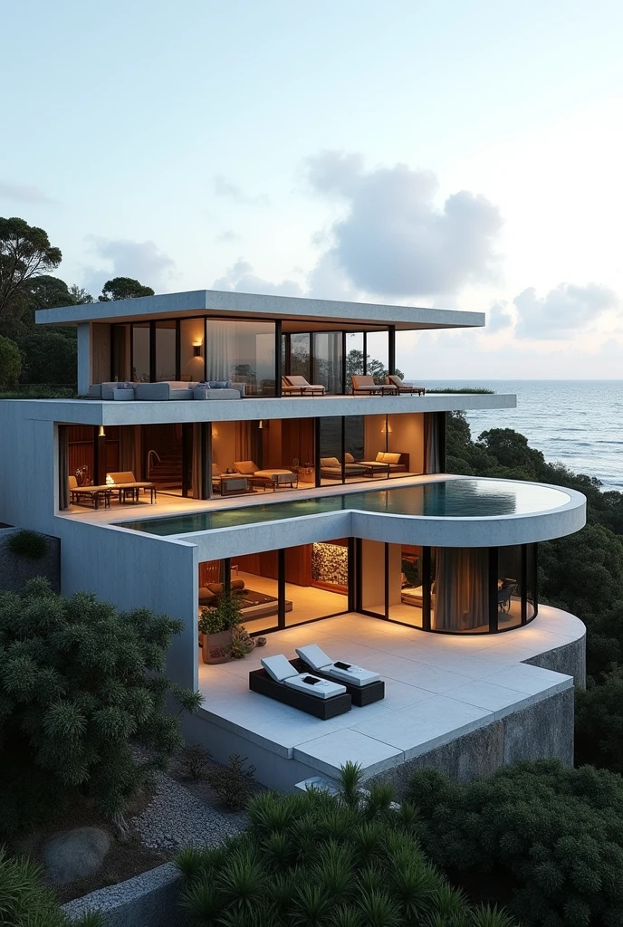 large luxury concrete house with helipad in a rural Australian coastal city, luxury house with helipad, cyclone-proof, safe, safe from storms, ultrarealistic, soft lighting, 8k