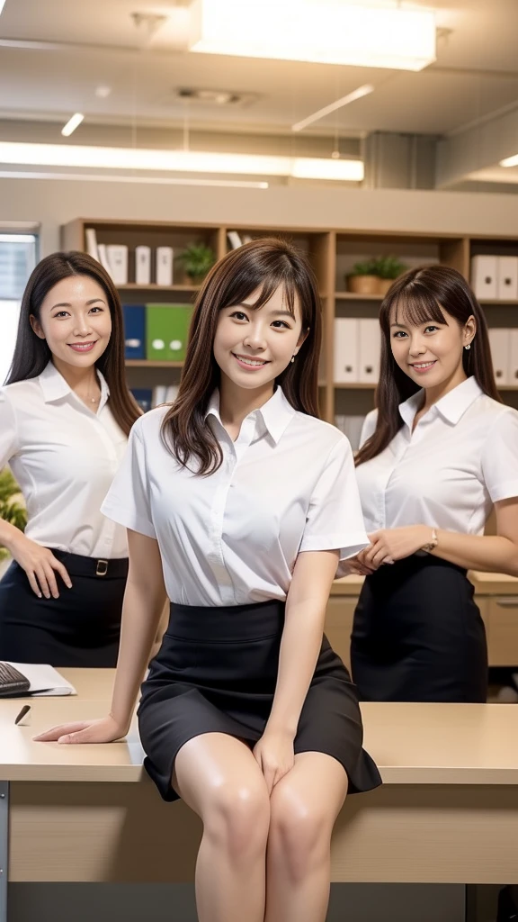 ((highest quality, 8k, Representative works in detail, ultra high resolution)), (group photo), (looking at the viewer), (middle shot:), Five attractive businesswomen,5 women, 横に並んでいる、a little chubby:0.25, white short sleeve collared shirt, ネイビーのTight Skirt、short skirt(sitting cross-legged at a desk in the office)), smile, office、バストが大きい、