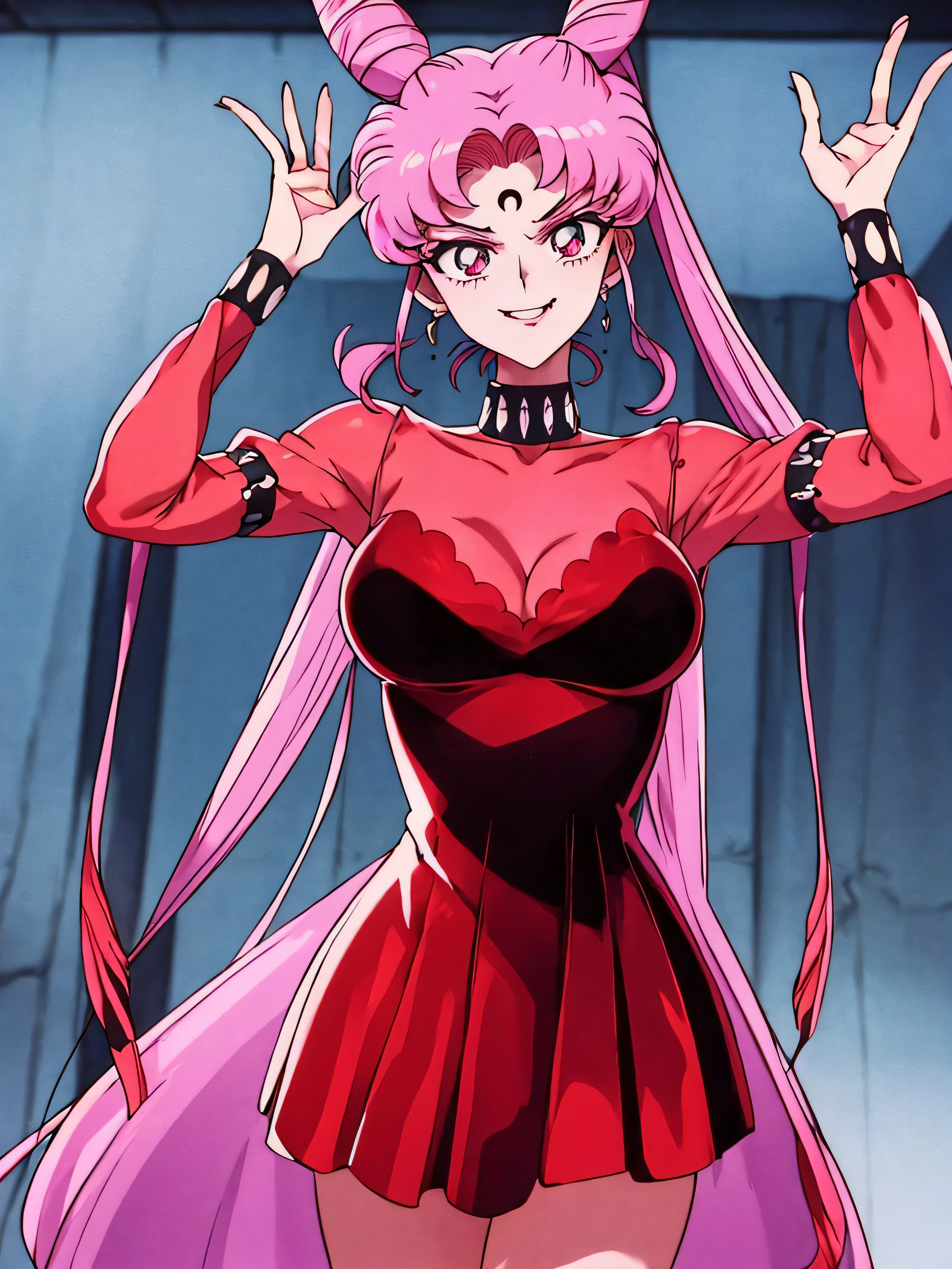 ((masterpiece,best quality)), absurdres,
Black_Lady_Sailor_Moon,
solo, smiling, looking at viewer, cowboy shot,
cinematic composition, dynamic pose,evil smile,evil smirk,(masterpiece:1.0),(Highest_quality:1.0), 超High resolution,4K,Super detailed, photo shoot, 8k, HDR, High resolution,eptakeuchinaokostyle, 1990s \(style\), anime screencap, retro artstyle, anime coloring, traditional media,face focus,dark aura,latex,A face full of evil,Too evil ridicule,A face full of evil,most evil ridicul,smile worst,worst ridecule,most evil moukery,shaded face(eyes in shadow),five fingers,two hands,Two legs,darkness background,latex,horor, Violence, yandere, crazy, The Empowerment of Evil, monster,Poison Possession