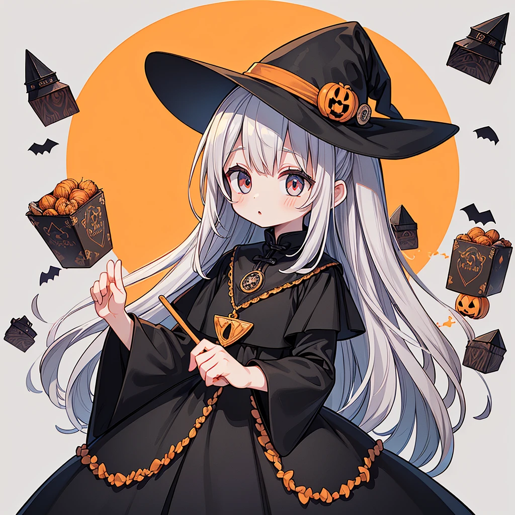 1girl,(((Perfect Anatomy、Perfect human body、Highest quality、Masterpiece、Super detailed、X Composition、S composition、Square Composition、Triangular composition、Award-winning works)))、Orange and black palette、Trick or Treat、Pumpkin carriage、Big Wizard Hat、Black Cape、Black dress、Absurd、The fantastic world of Halloween、cute、