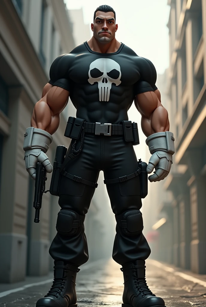 3d character, a very tall man wearing a black commando suit, body builder, very short black hair, eyes browns, beautiful big circular reflective eyes, big white gloves, white combat boots, white ammunition belt, black skull-print T-shirt, skull logo on chest, holding a Colt 45 pistol, (film composition), (Pixar-style:1.2), (CGI animation: 1.2), (Disney: 1.2), (animated cartoon: 0.2), (best qualityer, work of art, 4K, ultra detaild, sharp focus, 8k, High definition:1.2), (cf. Danny Mac 3D, por Follygon), (work of art: 1.2), absurderes