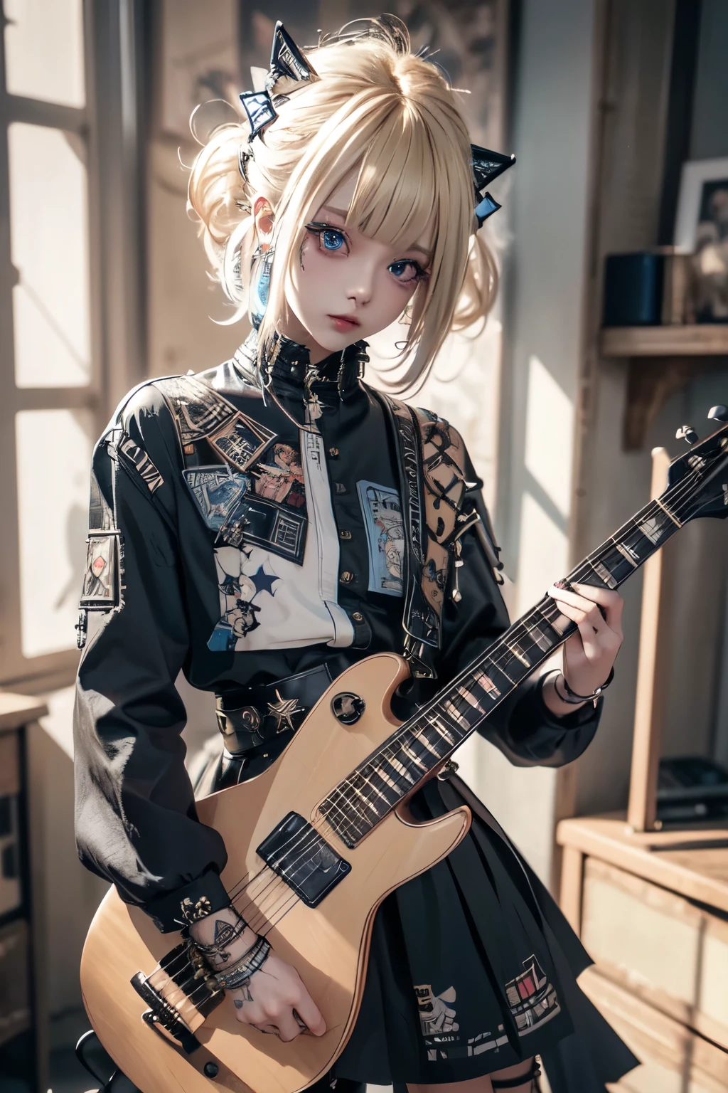 High quality picture, masterpiece, 8k, blond bobbed hair, short punk long shirt, wearing a skirt with punk design,, looking frontal and provocative, big blue eyes, colourful make-up, sophisticated description, holding guitar,, rock-style room