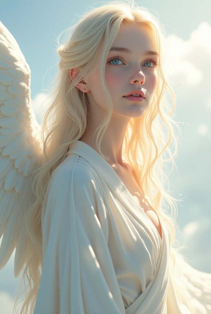 long light blonde hair to below her waist light blue innocent big eyes angelic like and angelic kimono short no back ground no wings no halo