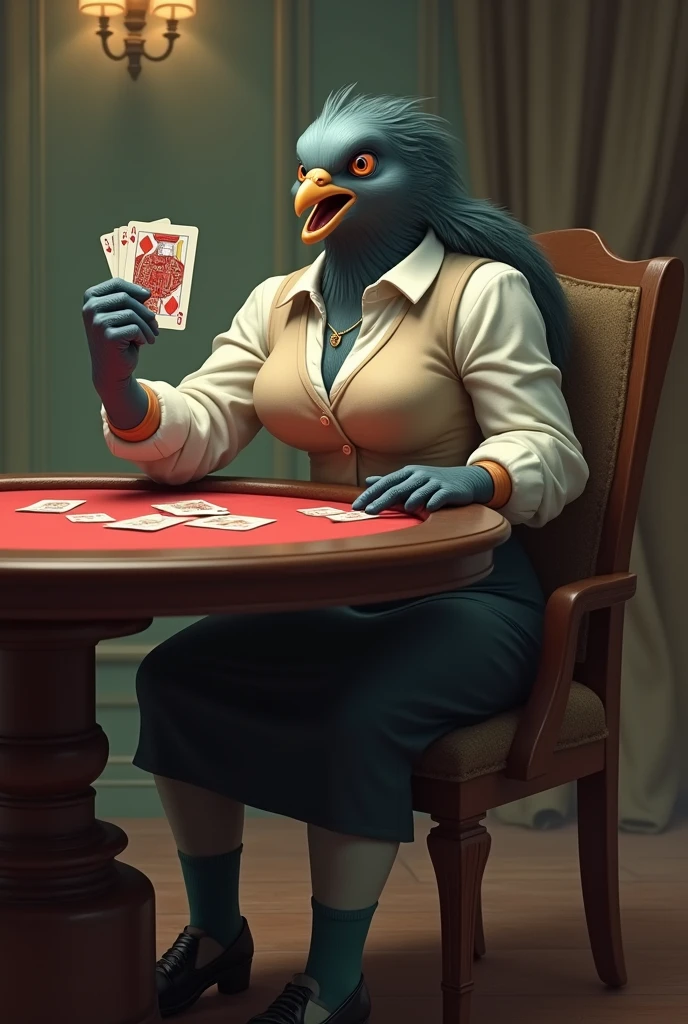 ((Highest quality)), ((masterpiece)), (detailed), (front), A gray female pigeon with an angry expression and open mouth is wearing an off-white collared short-sleeved shirt, a light brown vest, a knee-length black skirt, dark green socks and black shoes.、He is playing cards at the table and pointing at me、Muscular grey female pigeon、Photorealistic images。