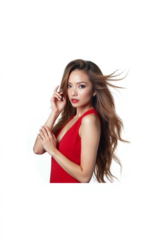 gorgeous woman, with perfect hair, voluminous hair, side position, looking at camera, sexy look, hands on face, completely white background