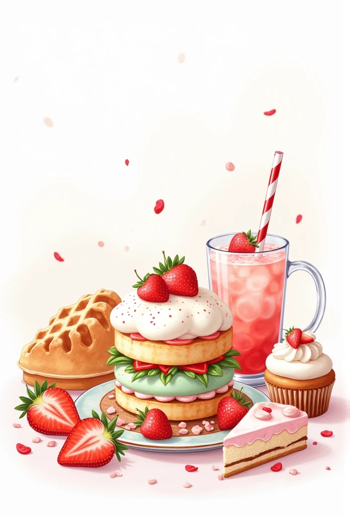 (pastel colour:1.2)、(cute illustration:1.2)、(watercolor painting:1.2)、white background、Floral、green leafs、strawberry, fruits、Shortcake、citric acid、acid、甘acidっぱい、pale pinkish green throughout,、waffle、bread、cooking、cupcake、tiramisu、Cream cake、confections、high tea、sweet、particles of light、drink、Ice cubes、still life photography