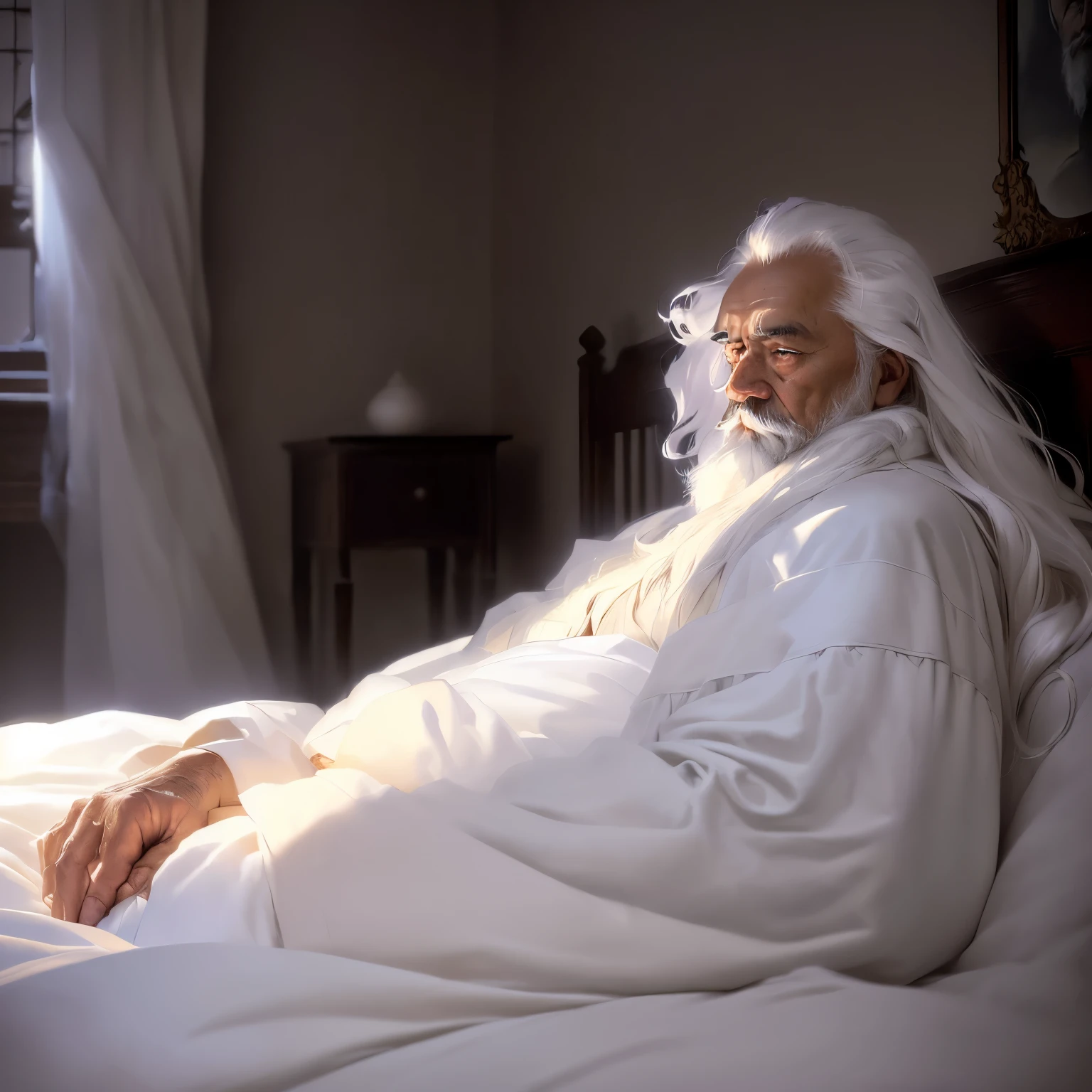 arafed man in white robe laying on bed in dark room, someone in home sits in bed, relaxed dwarf with white hair, movie still of a tired, long white hair and white beard, still from a fantasy movie, portrait photo of an old man, by Zlatyu Boyadzhiev, portrait of an old, the look of an elderly person