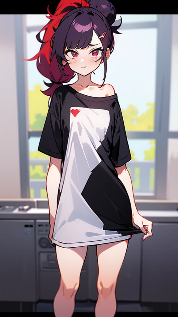 High tail hairstyle, one Ponytail hairstyle, Ponytail hairstyle,white hair, Long wavy black hair, standing posando, anime girl style, pixel art anime style,penetrating look with deep eyes,red and purple eyes, hair with a ponytail hairstyle trapped with a big red bun, women, red hair clips, x color shaped hair clips , smiling face blush, next to his bed, Black hair, thighs grandes, NSFW, from below, neckline, looking at the viewer, lascivious smile, ((oversized t-shirt)), off the shoulders, without pants, washing machines, thighs, ((White T-shirt)), standing, hands on the hips,Hair down to the back