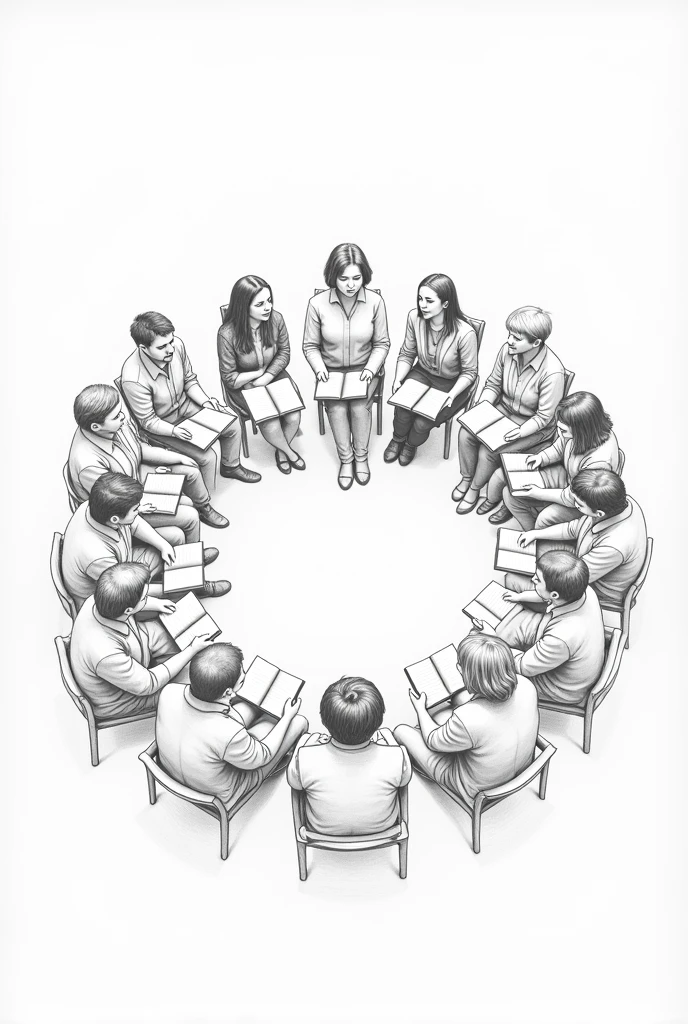 Pencil sketch of a group of people gathered around in a circle, each with an open book in hand, listening to one person in the group speaking