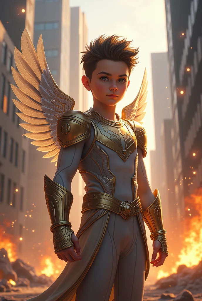 A 18 years young boy stand , clear and white skin, boy wear clothes like God, good and stylish hair style, wings in back of shirt of, oy looking camera, boy hold magical gloves of thano in one hand, boy destroying large buildings in background with the help of gloves of thanos, boy hold magical gloves of thanos in one hand, boy looks like God, dangerous eyes of boy, his face is clearly shows, boy's full body in frame, silver and golden magical wings, boy destroying large buildings in background, full body of boy in frame