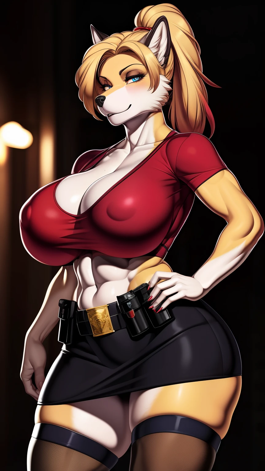 Draft Sketch (nsfw)))), uploaded the e621, beautiful and detailed, (((female))) ((anthro)) werewolf, by cervina_7, lighting cinematic, seductor, werewolf, thighighs, (huge chest) foxovh 1girls ai_generated masterpiece:1.2, best quality, realistic, (real picture, intricate details, depth of field), beautiful blonde woman, she has striking blue eyes, highly-detailed, perfect face, (huge breasts:1.3), (skindentation), thick thighs, wide hips, small waist, tall, (huge ass:1.1), blushing, sexy, wearing tight slim tiny erotic police red dress, nsfw ponytail hair, hair black with highlights red, ponytail fishnet red in bouth legs completly (police t-shirt) (police-mini-skirt) (police-bra) (logo-police-clothes), holding a gun and pointing at camera