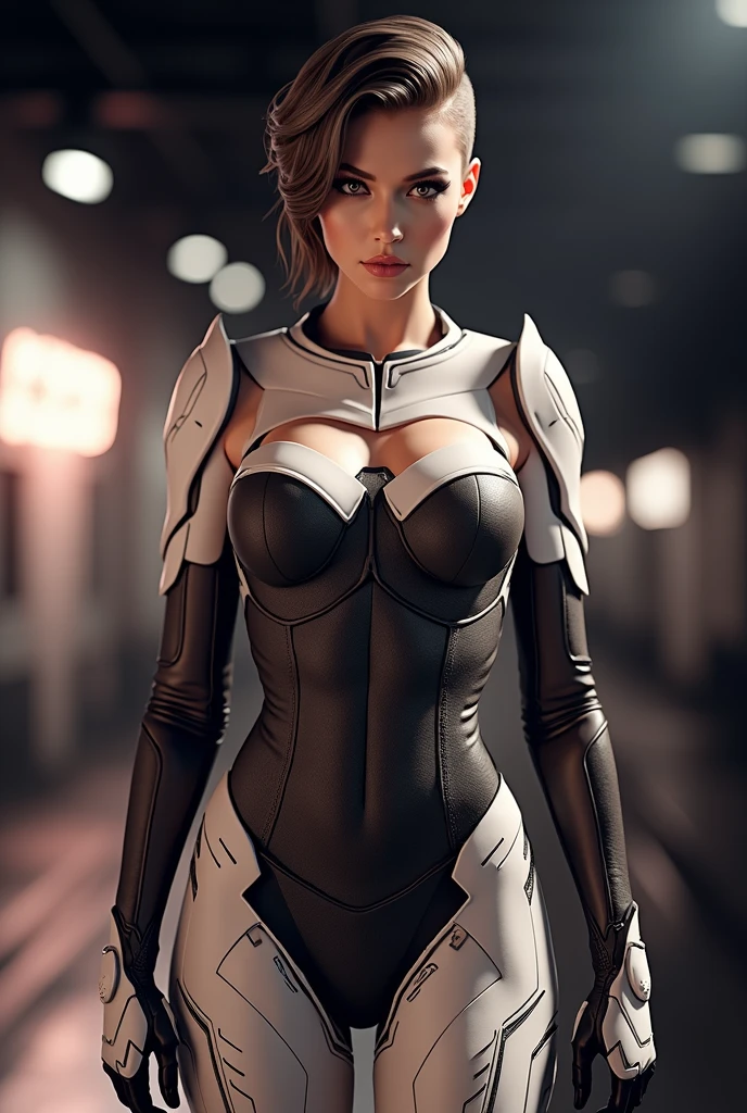 a close up of a woman in a futuristic suit posing for a picture, cyberpunk art inspired by Marek Okon, cgsociety contest winner, digital art, gynoid cyborg body, in white futuristic armor, girl in mecha cyber armor, cybersuit, cyber suit, echo from overwatch, oppai cyberpunk, diverse cybersuits, cute cyborg girl, perfect android girl