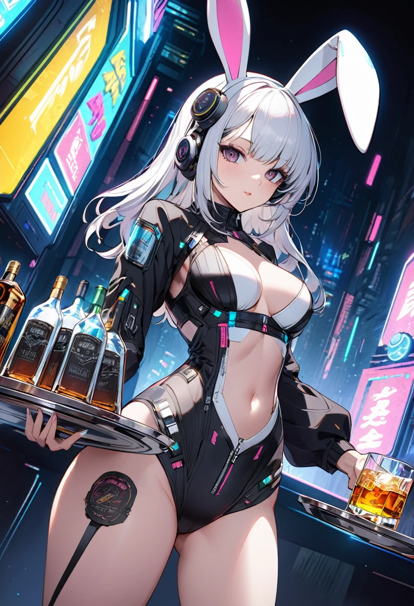 Top quality, masterpiece, fine detail, super detailed, accurate depiction, highly detailed 8k wallpaper, beautiful mechanical girl, solo, green eyes, (sexy mechanical girl: 1.3), five perfect fingers, (white exoskeleton suit: 1.1), pigeon toed, (mechanical joints, mechanical arms, mechanical legs: 1.4), (exposed shoulders, exposed armpits, exposed thighs), glamor, (thin waist, huge breasts, wide hips), rabbit ears, rabbit tail, headphone, short blonde hair, cyberpunk, (bar), counter, wine, whiskey, bourbon,