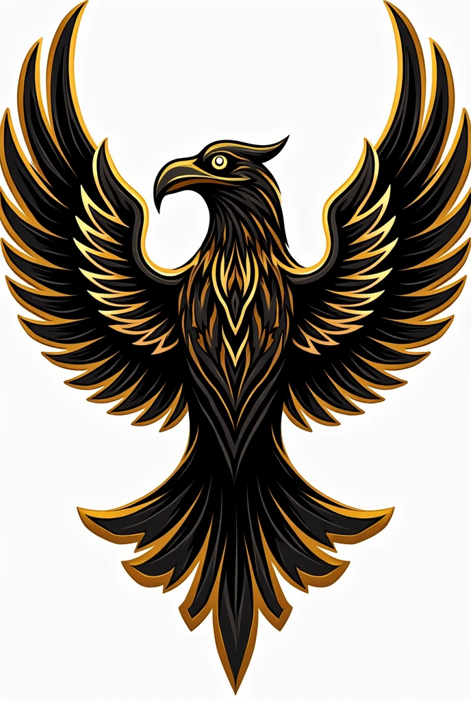 The golden bird logo with its wings spread out and its entire body facing the center front and its wings are not too many., without background, vector art with thick black line art on every part of the body , terinspirasi oleh Victor Noble Rainbird, artstation, clash of clans style, trending on dribbble mascot.featuring, crow, fierce expression 4k, in the quetzecoatl art style, a face in need of a fist, uncompressed png, totem, united, symbol of wisdom, full body
