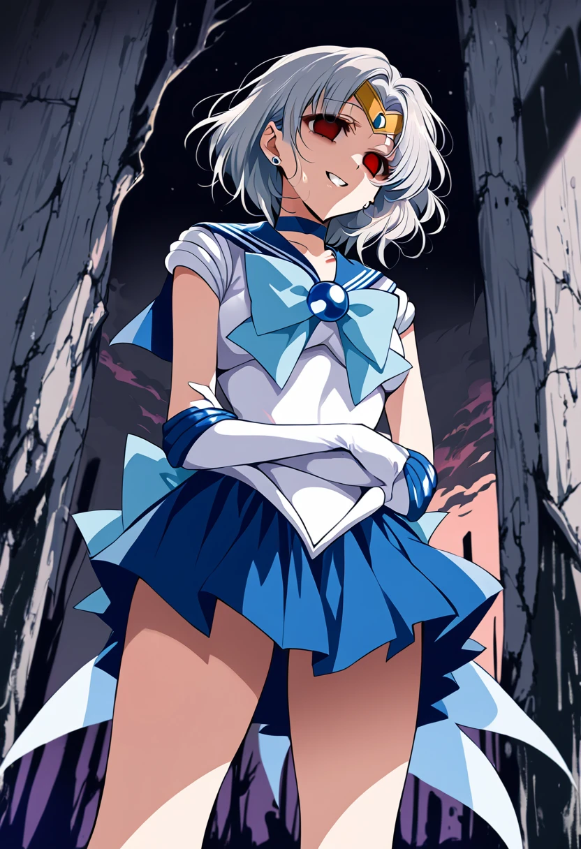 (masterpiece, Highest quality, so beautiful, Very detailed), Intricate details, 12k, Honestly, aamercury, short hair, tiara, earrings, , blue choker, blue sailor collar, blue bowtie, white shirt, elbow gloves, white gloves, pleated skirt, blue skirt, bare legs, Are standing, Cowboy Shot,,(Wicked Smile:1.2), One person,(Silver Hair:1.4),(empty eyes,:1.4),From below,Watching the dawn,Dark aura,View your audience,(red eyes:1.2),