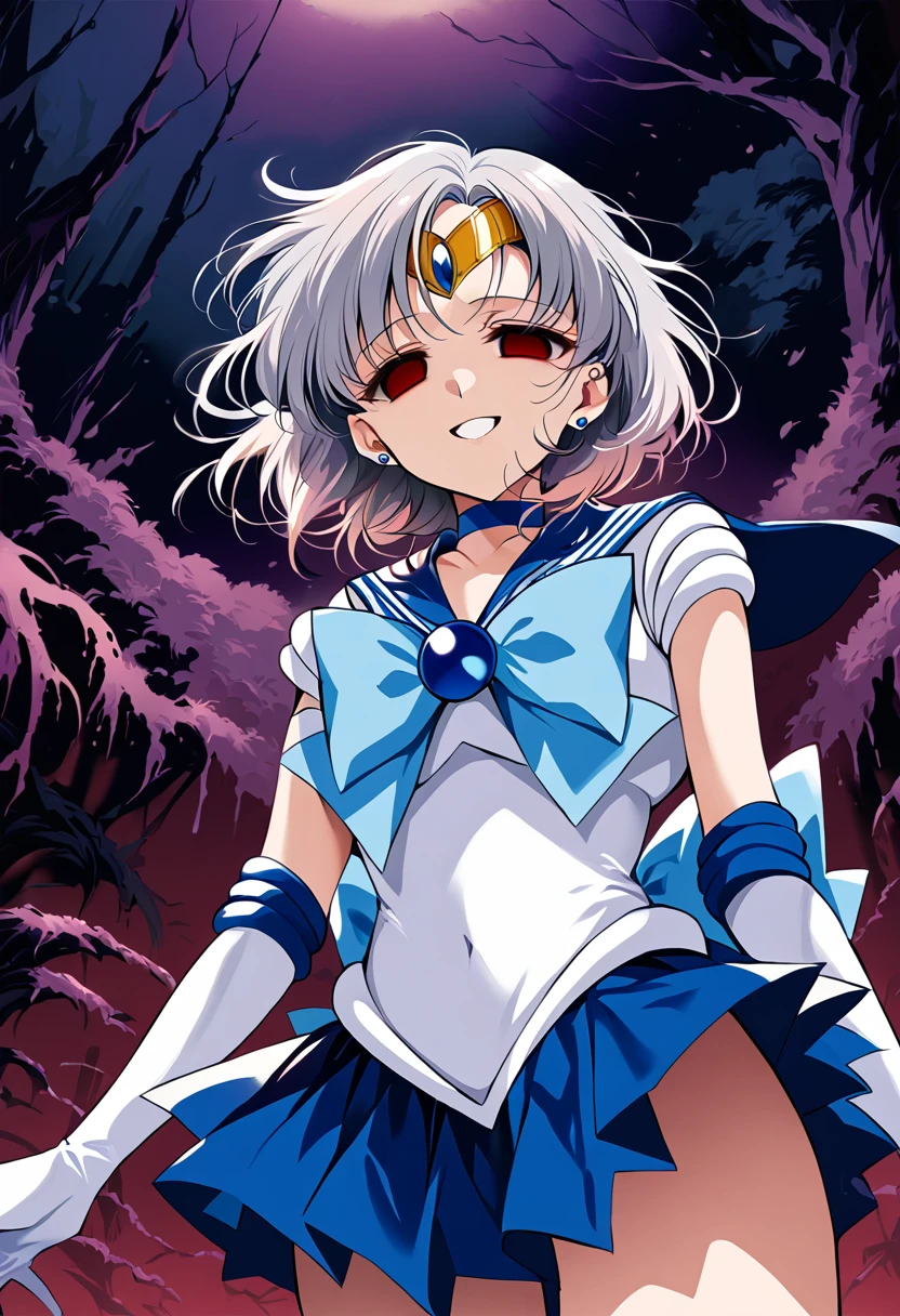 (masterpiece, Highest quality, so beautiful, Very detailed), Intricate details, 12k, Honestly, aamercury, short hair, tiara, earrings, , blue choker, blue sailor collar, blue bowtie, white shirt, elbow gloves, white gloves, pleated skirt, blue skirt, bare legs, Are standing, Cowboy Shot,,(Wicked Smile:1.2), One person,(Silver Hair:1.4),(empty eyes,:1.4),From below,Watching the dawn,Dark aura,View your audience,(red eyes:1.2),