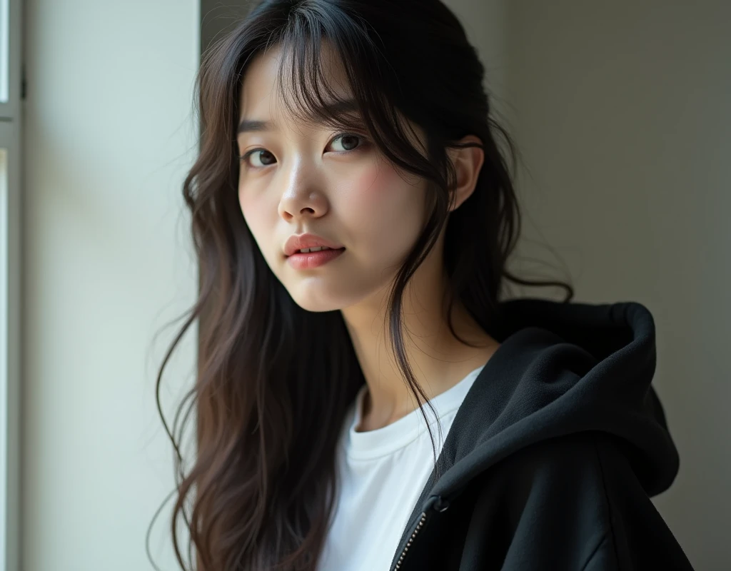 tops（Wearing a white T-shirt）、Oversized black hoodie（hoodie、Oversized）、Upper body photo、With long wavy hair、natural、Japanese、female、Natural light、Highest quality、Realistic skin texture、profile、