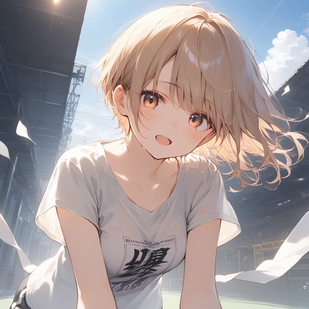 score_9, score_8_up, score_7_up, source_anime, best quality, masterpiece, official art, absurdres, highres, ultra-detailed,waifu2x,Collection: Slice of Life,break,1girl, short hair, pixie cut, flipped hair, breasts, beautiful (well-shaped) breasts,beautiful detailed eyes, sweat, gym shorts, (wavy mouth:0.3), open mouth, outdoors, (Detailed Lighting), (Detailed background),break,(clear line illustration:1.2), super detailed skin,very high resolution, very aesthetic, Best sexual lighting powered by famous artist, 8k, 16k, cute picture,beauty illustration,photoshop_(medium),,(Detailed Lighting),best anime 8k konachan wallpaper, pixiv contest winner,