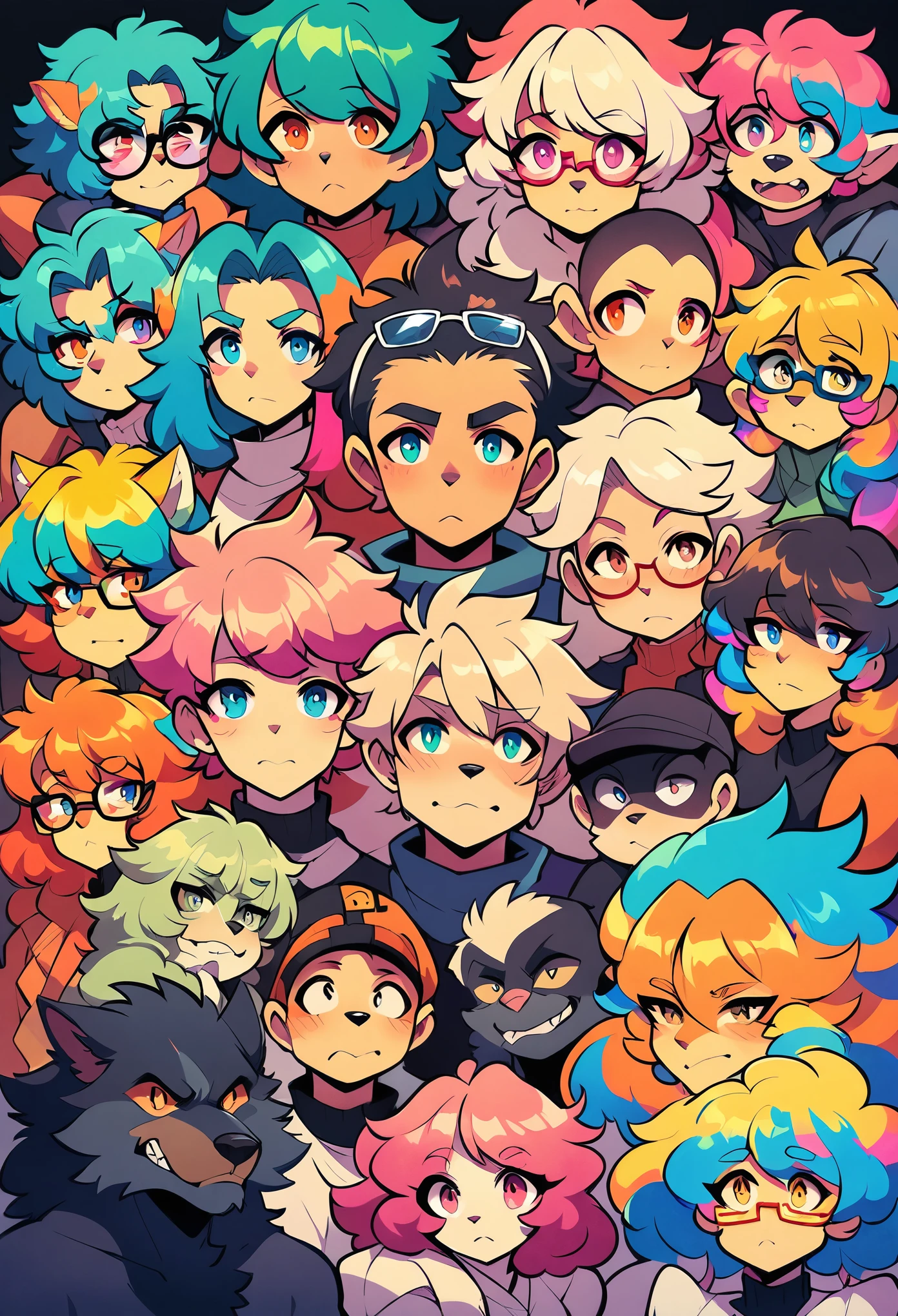 rating_safe, score_9, score_8_up, score_7_up, score_6_up, score_5_up, score_4_up, hires, source_furry, Werewolves with colorful hair and glasses, detailed anime art, assorted facial expression, fully posable, neutral pose, extra detailed body, 5fingers, thinking pose, cool pose,