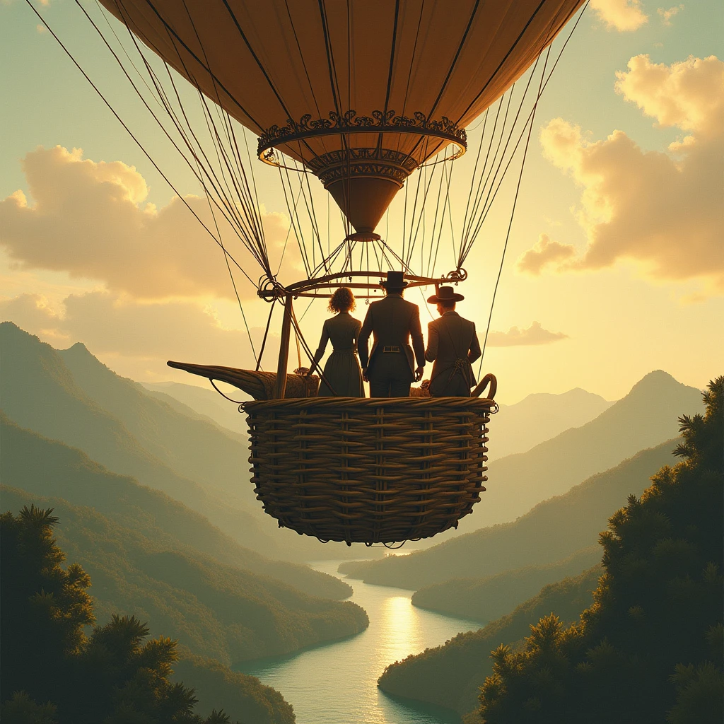 Generate an image referring to the book Five Weeks in a Balloon, with 3 people and it is an old cover