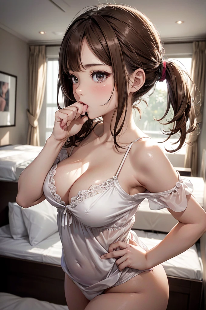 Absurd, Super detailedな,(In 8K:1.3),Masseter muscle area,(masterpiece:1.2)、(Highest quality)、4K、Super detailed、(Movement Structure:1.4)、(Shining Lights、Atmosphere lighting), High resolution, Best Quality、(One person:1.4),Super detailedな,Bright colors、Treebreak Production Art、(Warm color light source:1.2),High-level image quality、Fine image quality、Intricate details,Volumetric Lighting,Realism BREAK、Profile、 Idol face、、Very beautiful face and eyes, Beautiful images、natural make up、 big eyes, (Big Tits:1.4)、(curvy body:1.2)、(cleavage:1.3)、(glossy skin :1.5)、(Baby Face)、(profile:1.2)、(fellatio gesture:1.5) (Hotel Bed:1.4) 、 (brown hair,short hair、twintails:1.2)、 (detailed clothes features、white、silk、camisole:1.4)、(stockings)、 (big mouth, eyes widened:1.2), (petite:1.4)、(Beautiful fingertips)、(Perfect fingertips)