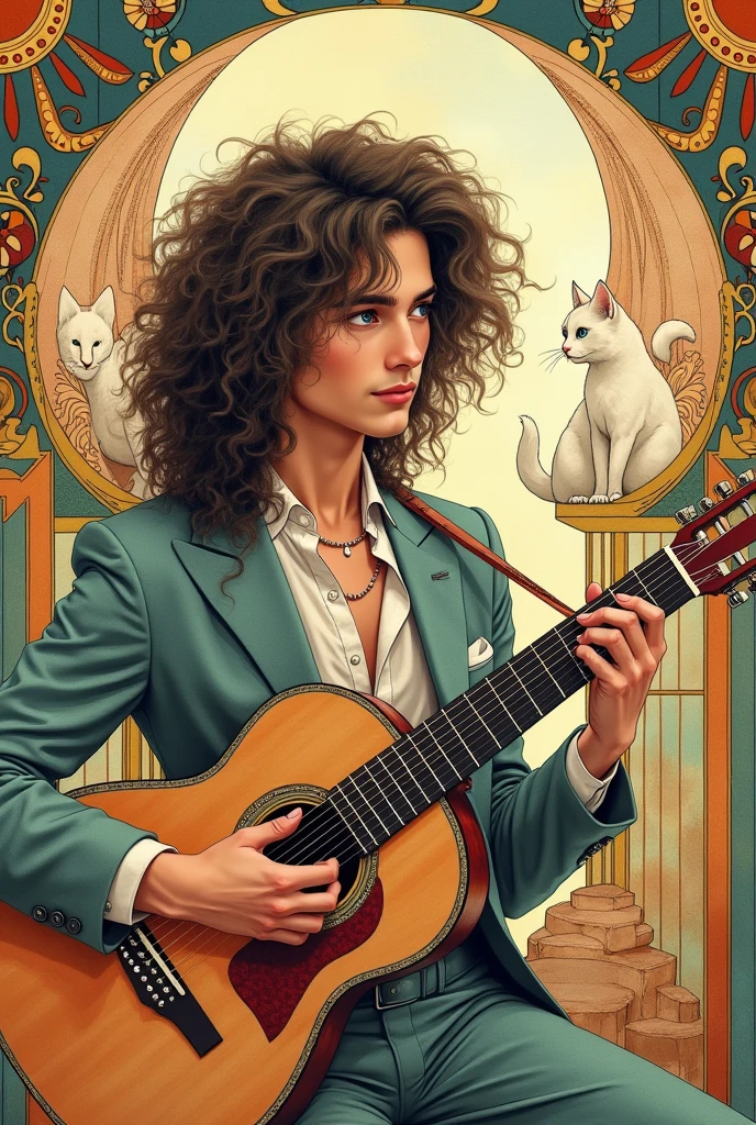 Beautiful male long curly hair with guitar cats watercolour painting art deco alphonse moucha style