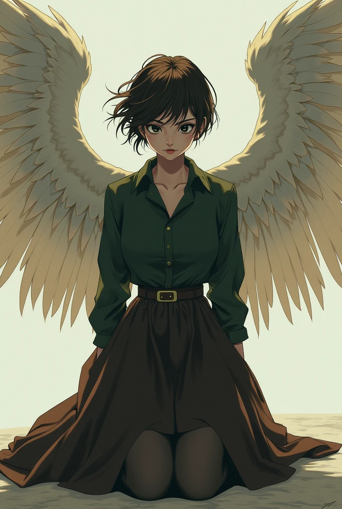 Woman with very short dark brown hair, Haircut for a boy, with black eyes, in a dark green shirt, in a dark brown long skirt, in dark brown boots, Large angel wings, sitting on his knees, anime art, masterpiece, realistically, professional photo, super detail high quality